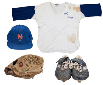 Lot of (4) Rick Aguilera Game Used & Signed New York Mets Cap, Undershirt, Rawlings Glove & Pro-Keds Cleats (MEARS, PSA/DNA & Beckett)